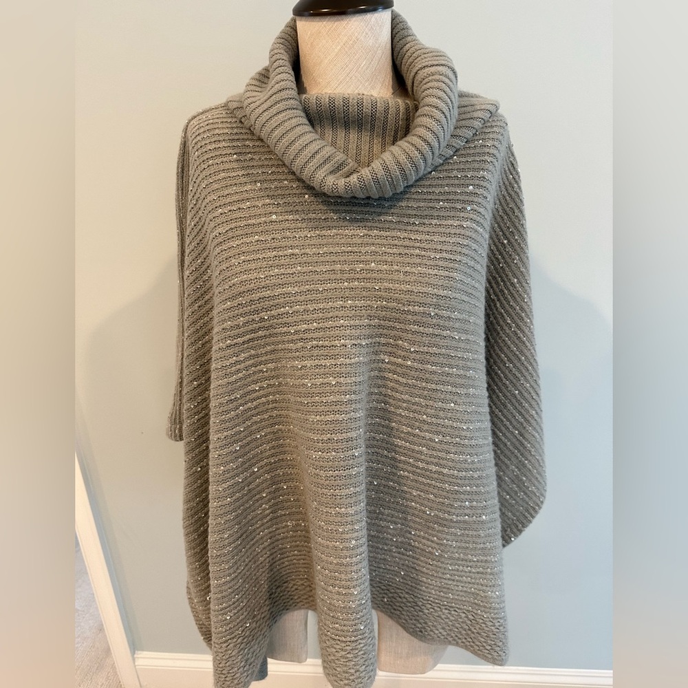 Apt. 9 Elegant Gray Sequined Cowl neck Sweater Poncho Cape One Size